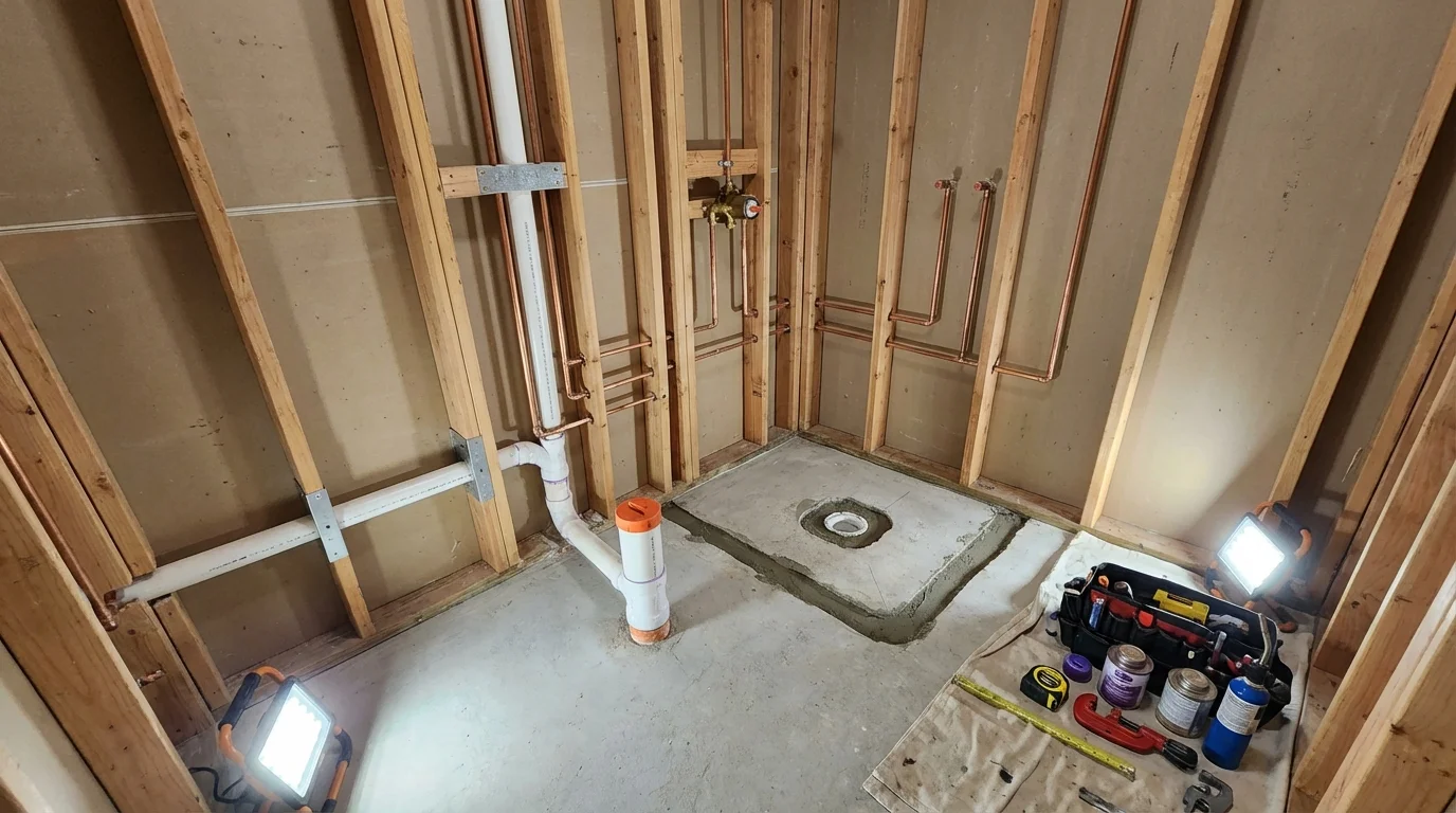 Bathroom rough-in plumbing during remodel by Johns Plumbing LLC in Port Aransas