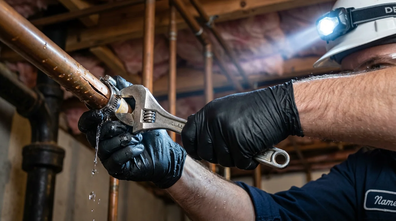 Emergency pipe clamp repair being performed by a Johns Plumbing LLC plumber in Port Aransas