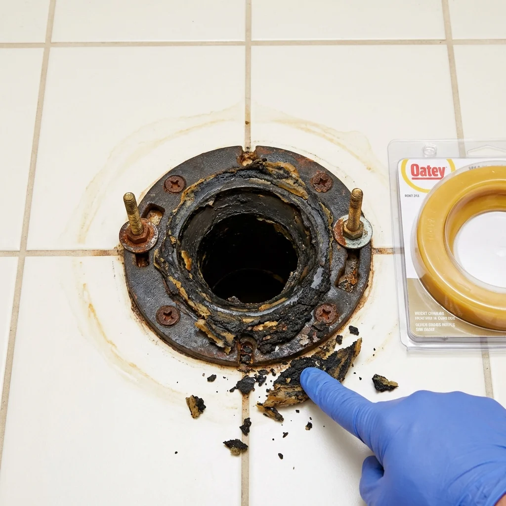 Failed wax ring showing water seepage at the base of a toilet in a Port Aransas, TX home