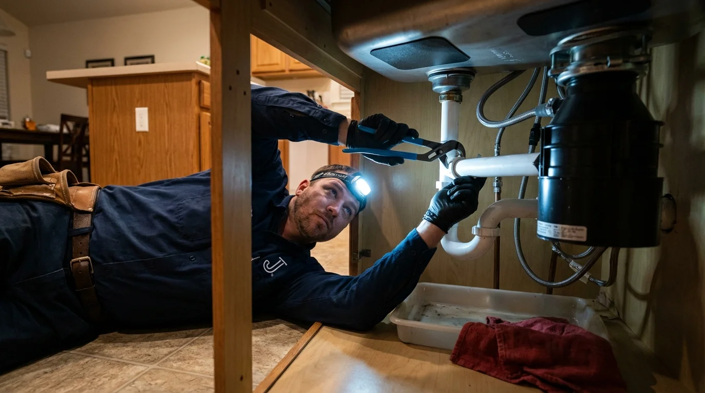 P-trap and supply line connections under a kitchen sink showing a common leak point in Port Aransas, TX